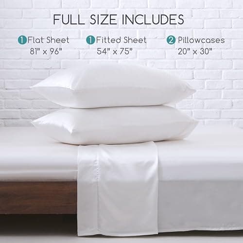 MR&HM Satin Bed Sheets, Full Size Sheets Set, 4 Pcs Silky Bedding Set with 15 Inches Deep Pocket for Mattress (Full, White) thumbnail 2