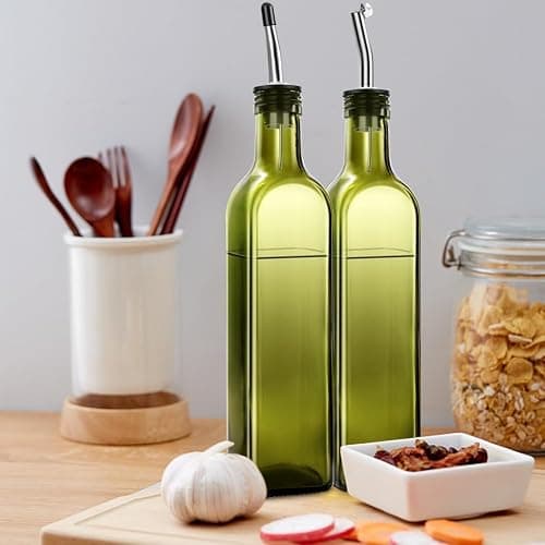 Leaflai 2 Pcs Green Glass Olive Oil Dispenser and Vinegar Dispenser Set with 2 Stainless Steel Pourers, 4 Labels, 1 Brush, 1 Funnel (500ml) for Kitchen, Cooking, Salad Dressing, Barbecue, Mixing thumbnail 2