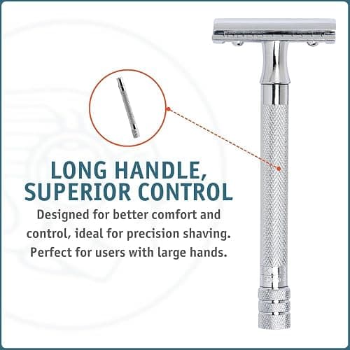 MERKUR 23C Double Edge Safety Razor - Polished Chrome, Long Knurled Brass Handle, Made in Germany, Plastic-Free, Three Piece Design, Closed Comb, Straight Bar thumbnail 8