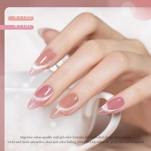 RARJSM Nude Cat Eye Gel Polish Set 6 Pcs Sparkle Diamond Glitter Sheer Purple Soft Pink Chanpagne Gold Velvet Ice Jelly Glass Cateye Gelpolish with Magnet Stick UV LED Curing Requires Home Manicure thumbnail 3