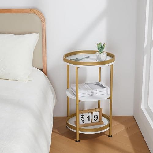 YEAKOO Nordic End Table, 3-Tier Round Side Table with Storage Shelf Edge Protection Tray, Sturdy Metal Frame Coffee Table Bedside Table for Living Room Bedroom Small Spaces (White & Gold) thumbnail 4