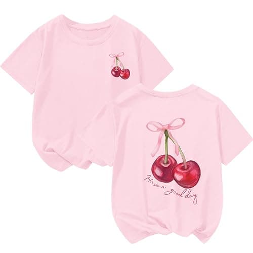BINTEHGS Girls Cute Graphic Tees Kids Bow Cherry Shirt Aesthetic Short Sleeve T Shirts Casual Summer Crew Neck Top Clothes - Image 1