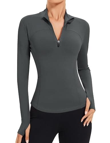IECCP Women's Gym Tops 1/4 Zip Long Sleeve Quick-Dry Sports T-Shirts Lightweight Athletic Activewear with Thumb Holes, Side Pockets for Yoga, Running, Workout - Image 1