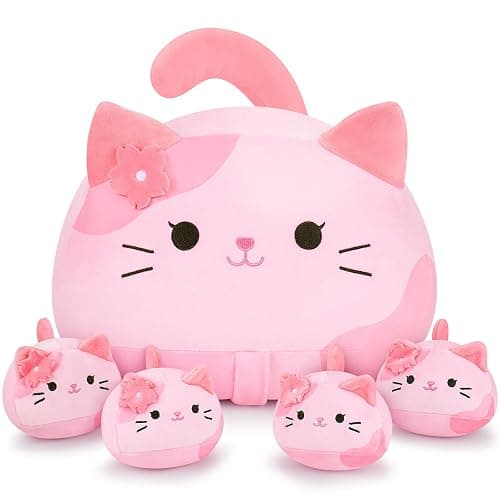 5 PCS Pink Sakura Cat Plush Stuffed Animal Family-19" Soft Pink Sakura Cat Plush, Large Mommy Plushies with 4 Baby Kittens Plushies, Kawaii Plush Toy Christmas Birthday Gifts for Kids Boys Girls - Image 1