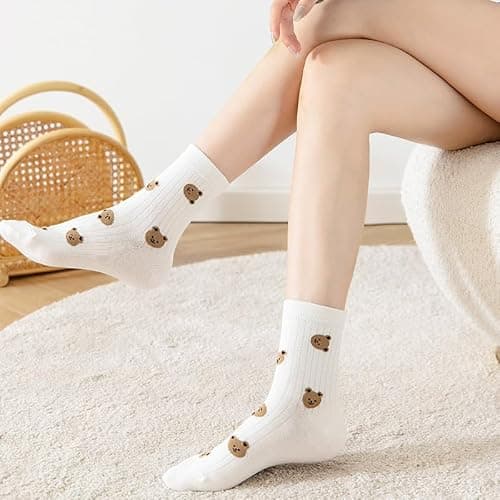 Tooe Women's 5 Pairs Bear Preppy Cute Crew Socks Kawaii Fairycore Flower Knitting Ankle Socks Cutecore Soft Cotton Socks thumbnail 3