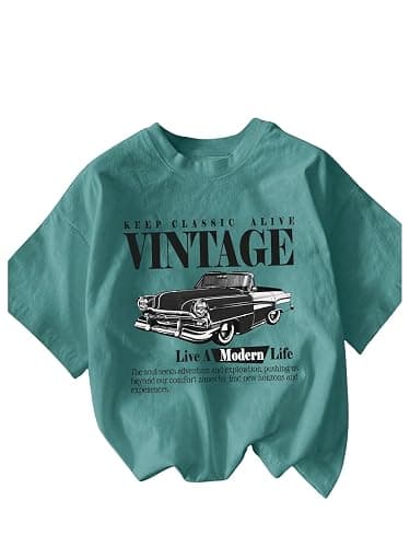 RoseSeek Women's Graphic Letter Tee Crew Neck Drop Shoulder Trendy Summer T Shirt Short Sleeve Vintage Car Print Top - Image 1