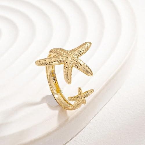 3Pcs Gold Set Seashell Starfish Ring For Women, 18k Gold Dainty Summer Beach Wave Stackable Open Rings Adjustable Surfer Fashion Beachy Jewelry Gifts - Gold - 3Pcs thumbnail 5