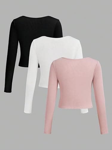 Floerns Girls 3 Piece Solid Ribbed Knit Square Neck Long Sleeve Tee Shirts Crop Tops thumbnail 2