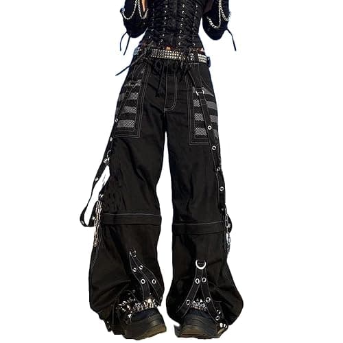 Kodaruber Women Vintage Goth Hip Hop Jeans Punk High Waisted Baggy Bootcut Jeans Strap Chain Striped Wide Leg Denim Pants - Image 1