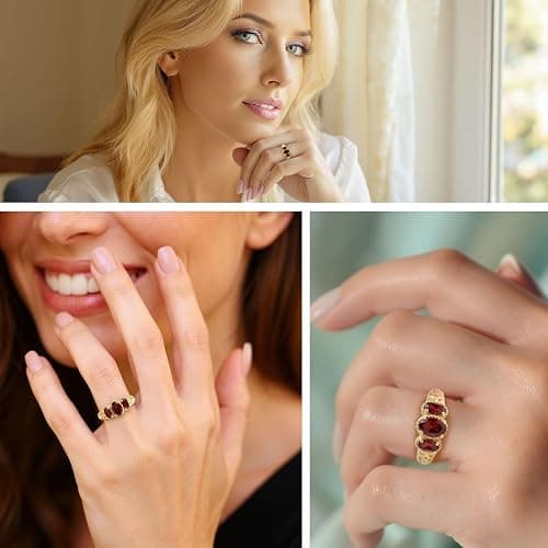3 Stone Garnet Ring for Women in 925 Sterling Silver With 14K Gold Plating - January Birthstone Promise Engagement Vintage Red Garnet Jewelry - Birthday Anniversary Wedding Gifts for Womens thumbnail 2