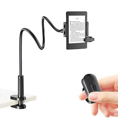 Locthal Kindle Holder with Page Turner Ring, Tablet Holder for Reading Acessories in Bed with Slient Remote Clicker, eReader Stand Compatible with Fire iPad iPhone - Image 1