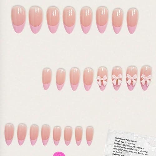 Pink Bow Press on Nails Short Almond Fake Nails with 3D Pink Bow Charms Design Pink French Tip False Nails Cute Pink Ribbon Bow Glue on Nails Bowknot Artificial Stick on Nails for Women Girls 24Pcs - Design-3 thumbnail 4