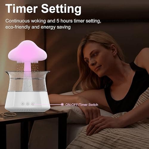 Cloud Rain Humidifier for bedroom with Soothing Rain Sounds - Bedroom Sleep Aid, Waterfall Night Light, Mushroom Design Air Moisturizer for bedroom and living room (White) thumbnail 8