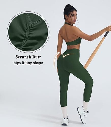 OMKAGI 2 Piece Workout Sets for Women Halter Sports Bras Gym Sets Booty Leggings Outfits thumbnail 4