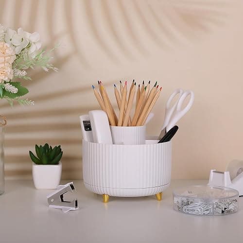 SKYDUE White Office Supplies Set, Office Desk Accessories 10PCS, Pencil Holder for Desk, Stapler, Tape Dispenser, Scissors, Ruler, Binder/Paper Clips and 1000pcs Staples,Desk Supplies Set thumbnail 2