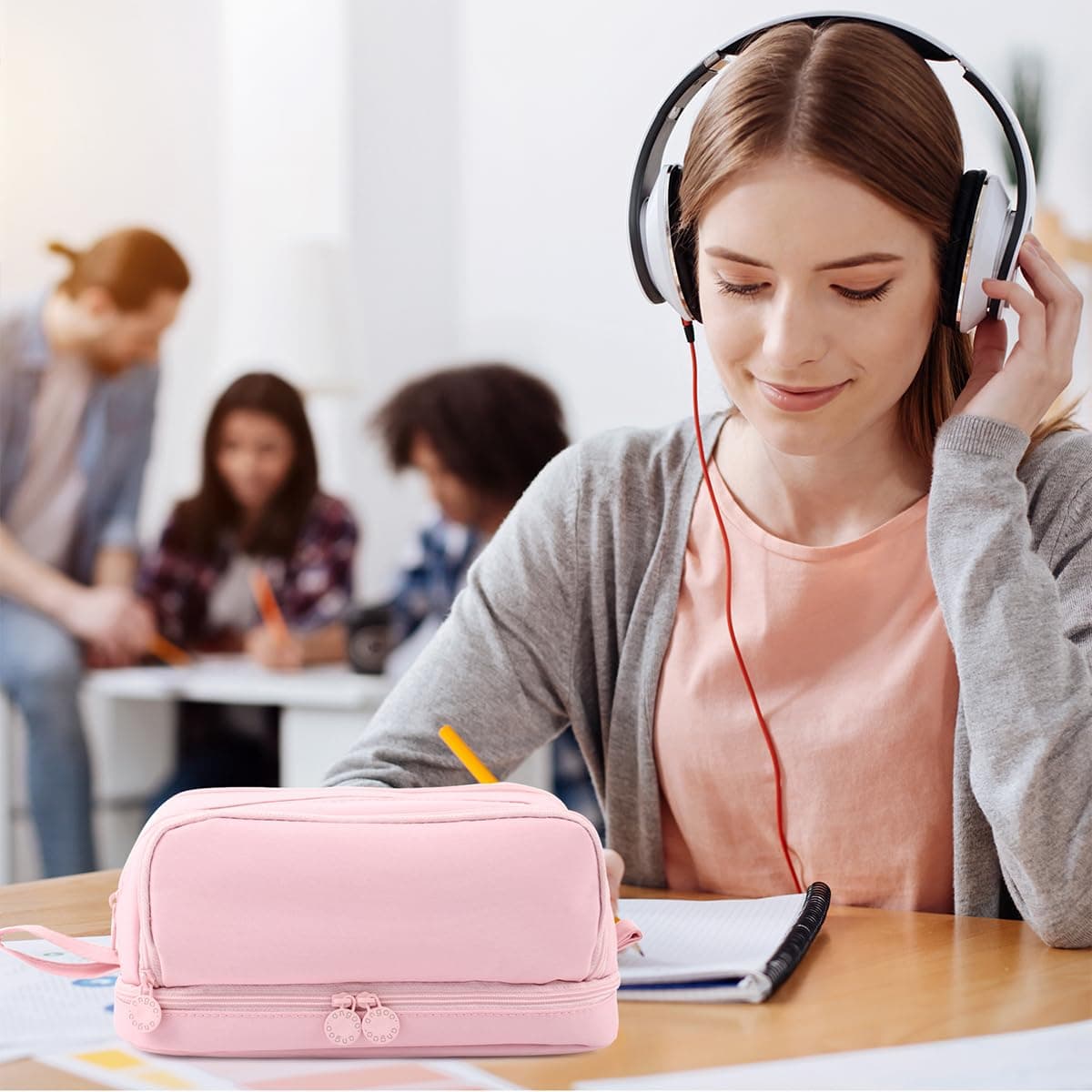 MAMUNU Large Capacity Pencil Case,Big Pen Pencil Pouch 3 Compartments Adult, Expandable Pencil Case with Portable Handle,School Stationery Organizer,Travel Makeup Cosmetic Bag, Pink, Make-Up Pouch thumbnail 3