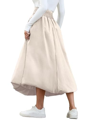 peassa Women's Bubble Long Skirt Elastic Waist A-Line Pleated Ruffle Flowy Balloon Maxi Skirts with Pockets thumbnail 4