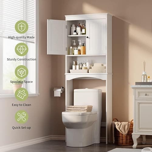 Gizoon Over The Toilet Storage Cabinet with Adjustable Shelf and Double Doors, Bathroom Space Saver Organizer Above Toilet with Open Shelf, Taller Wooden Free Standing Toilet Rack -White thumbnail 9