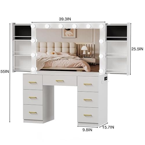 FURNJOYLIFE White Makeup Vanity Desk with Lighted Mirror & Power Outlet,3 Color Modes, Brightness Adjustable,Vanity Table with Drawer,Sliding 2 Storage Wall-Mounted Jewelry thumbnail 2