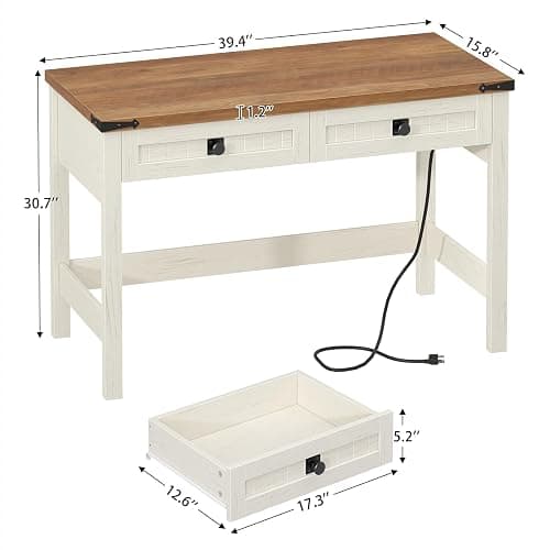 YOMILUVE Farmhouse Computer Desk with 2 Drawers, 39 Inch Small Office Computer Desk with Power Outlets, Compact Writing Study Desk for Small Spaces, Antique White thumbnail 2