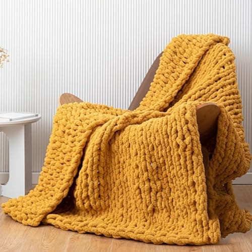 Chunky Knit Blanket Throw 40"*60", Hand Knitted Warm Chenille Throw Blanket, Home Decor Soft Thick Yarn Cable Knit Blanket,Soft Breathable Fleece Banket Christmas for Couch Bed Sofa Best Gift (Yellow) thumbnail 6