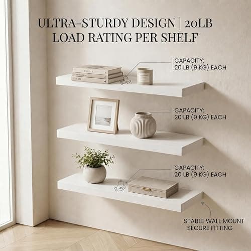 VESTRIAN Floating Shelves for Wall, White Wall Mounted Wood Shelves Set of 3, 16 Inch Rustic Storage Shelves for Bathroom, Bedroom, Living Room, Kitchen Decor, 22 lbs Capacity (White) thumbnail 3