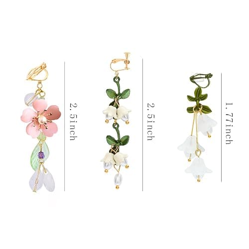 NEWITIN 3 Pairs Flower Clip On Earrings for Women Hypoallergenic Earring Pearl Leaf Floral Tassel Earring Non Piercing Clip on Long Flower Dangle Earrings for Women thumbnail 2