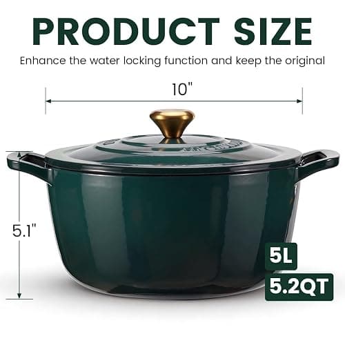 Enameled Cast Iron Dutch Oven 5 Qt with Lid, Green | For Sourdough Bread, Stews & Roasts, Oven Safe to 500F, Works on Gas, Electric & Induction Stovetops. thumbnail 3