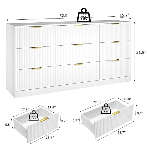 NOVAMAISON White Dresser for Bedroom with 9 Drawers, 63” Wide White Fluted Dresser Modern Chest of Drawers with Gold Handles, Wooden TV Stand Storage Organizer for Bedroom, Living Room thumbnail 2
