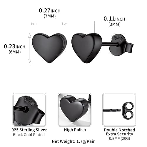 ChicSilver 925 Sterling Silver Heart Jewelry Set, Dainty Black Heart Necklace and Stud Earrings Set for Women thumbnail 4