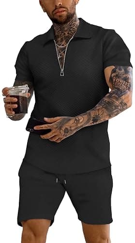 URRU Men's Polo Shirt and Shorts Set Summer Outfits Fashion Casual Short Sleeve Polo Suit for Men 2 Piece Short Set - Image 1