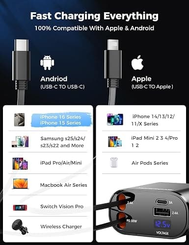UPERONE Retractable Car Charger 4 in 1, Fast Car Phone Charger with Cord 2.6ft, USB C and Apple Car Adapter, Compatible with iPhone 17 16 15/15 Pro Max/14/13/12/11, Galaxy, Pixel thumbnail 6