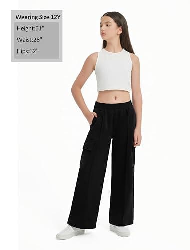 EXARUS Girls Sweatpants Wide Leg Baggy Teen Sweat Pants Cargo/Side Striped/Crossover V Waist Casual with Pockets 6-14Y thumbnail 6