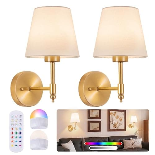 Battery Operated Wall Sconce Set of 2, Rechargeable Wireless Wall Lights | with fabric Lampshade, 5200mAh Dimmable Bulb with Remote,15 Colors Wireless Wall Lamps for Bedroom Living Room Hallway Decor - Image 1