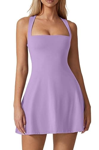 QINSEN Womens Square Neck Tennis Dress Sleeveless Built in Shorts Golf Athletic Dress with Pockets - Image 1