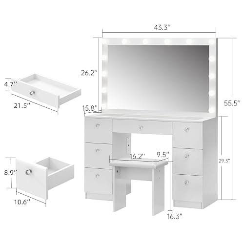 VOWNER Vanity with Lighted Mirror - Makeup Vanity Desk with Glass Top, 7 Drawers and Power Outlet, 3 Color Lighting Modes Adjustable Brightness, 44" Vanity Table with Stool for Women Girls, White thumbnail 2