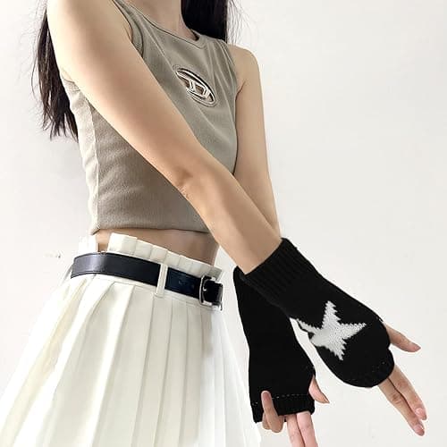 BQSAZHYJ 2 Pairs Y2K Star Gloves Autumn Winter Fingerless Star Knitted Gloves for Women Warm Thumb Hole Warmers Glove thumbnail 4