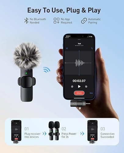 MENERESAS 3-in-1 Mini Microphone for iPhone: Wireless Lavalier Microphones for iOS/Android Devices/Camera - Noise Reduction Lapel Mic - Clip on Mic for Video Recording Vlog/YouTube/Interview - deep black thumbnail 2