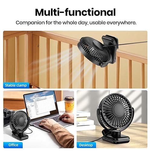 USB Clip on Fan, 720° Rotation Portable Desk Fan, Quiet Brushless Motor, Strong Grip Ideal for Office Home Dorm thumbnail 6