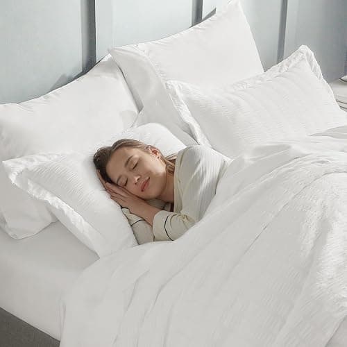 CozyLux Oversized Queen Comforter Set White Seersucker 7 Pieces 98x98 Bed in a Bag Comforter Set with Sheets, Luxury Soft Bedding Sets with Down Alternative Comforter, Sheets, Pillowcases & Shams thumbnail 8