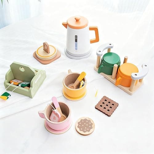 Benhurb Wooden Tea Set for Toddlers, Childrens Tea Party set for Kids, Afternoon Teapot Coffee Kitchen Accessories Pretend Role Play Food Toys Birthday for 3 4 5 Years Old Girls Boys thumbnail 2