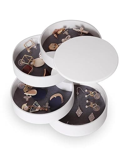 CONBOLA Jewelry Organizer, Small Jewelry Storage Box Earring Holder for Women, 5-Layer Rotating Travel Jewelry Tray Case with Lid for Bracelets Rings Bracelets, Gift for Women Teen Girls(White) - White - Image 1