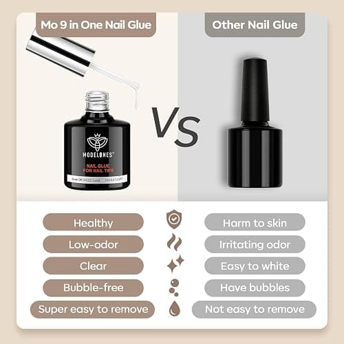 Modelones 9 in One Nail Glue Base Coat Nail Polish Set Brush On Gel Nail Glue 2 Pcs 15 ml for Rhinestone, False Nails, Base Gel, Blooming Nail Art Gel Nail Kit for Acrylic Nails U V Lamp Needed thumbnail 3