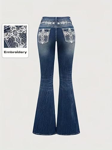 TimeGofate Women's Flared Jeans Bell Bottom Jeans Embroidered Y2K High Waist Stretchy Denim Pants thumbnail 2