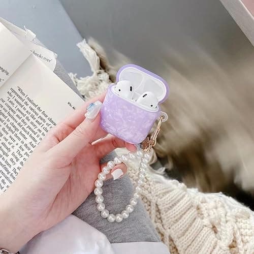 Olytop for Cute Glitter Airpods 2nd/1st Generation Case with Cleaner Pen,Shell Pattern Airpods 2/1 Gen Cover Protective Skin Girl Women with Luxury Pearl Keychain for Apple iPod 2nd/1st Gen - Purple thumbnail 4