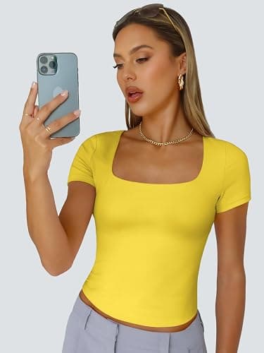 Trendy Queen Double Lined Tops for Women Square Neck Cute Going Out Short Sleeve Shirts Spring Summer Crop Tops Teens Tees thumbnail 2