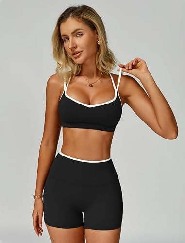 ABOCIW Workout Sets for Women 2 Piece Color Block Strappy Sports Bra High Waist Shorts Gym Yoga Pilates Outfits thumbnail 3