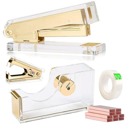 Acrylic Gold Tape Dispenser & Desktop Stapler, Includes Staple Remover, Tape, 1000pcs Staples - Cute Office Stapler Set for Modern Design Desk Accessory Kit - Image 1