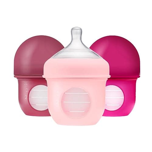 Boon Nursh Bottles - Slow Flow - Silicone Baby Bottles Help Ease Colic Symptoms - Formula and Breast Milk Only Touch Platinum Food-Safe Silicone - Pink - 0-3 Months - 3 Count - 4 Ounce - Image 1