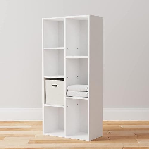 Amazon Basics 7 Cube Organizer Bookcase Shelf, Storage for Home and Office, 9.25"D x 19.49"W x 41.73"H, White thumbnail 7